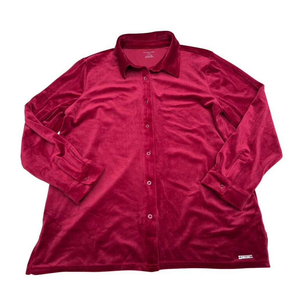 Calvin Klein Women's Red Velour Button-Up Front Stretch LS Shirt, Size L